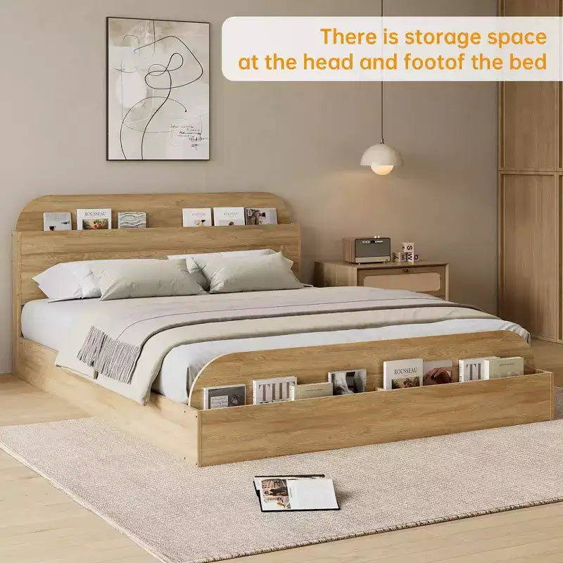 Cadre de lit. Lits en bois avec tête de lit de rangement et pied de lit surélevé. Lit plateforme bas pour chambre à coucher
