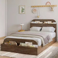 Bed Frame. Wooden Beds with Storage Headboard and Raised-Foodboard. Low Platform Bed for Bedroom