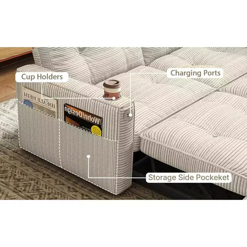 MooxvMoo Canapé-lit 2 places avec lit gigogne, poches et USB, style moderne, pour salon, beige, 73 Queen Size