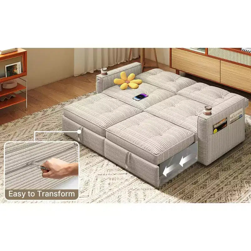 MooxvMoo Canapé-lit 2 places avec lit gigogne, poches et USB, style moderne, pour salon, beige, 73 Queen Size