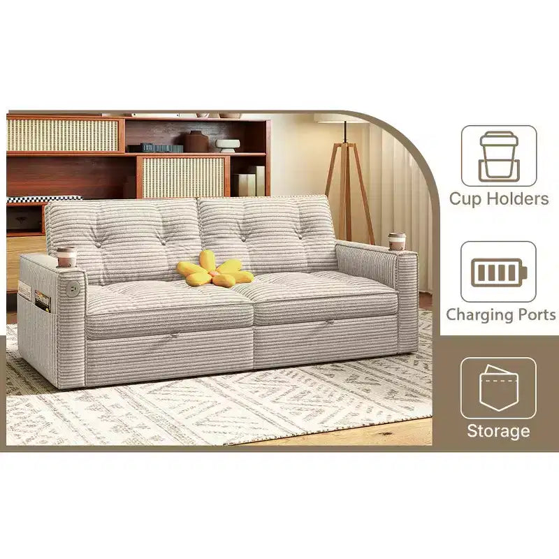 MooxvMoo Canapé-lit 2 places avec lit gigogne, poches et USB, style moderne, pour salon, beige, 73 Queen Size
