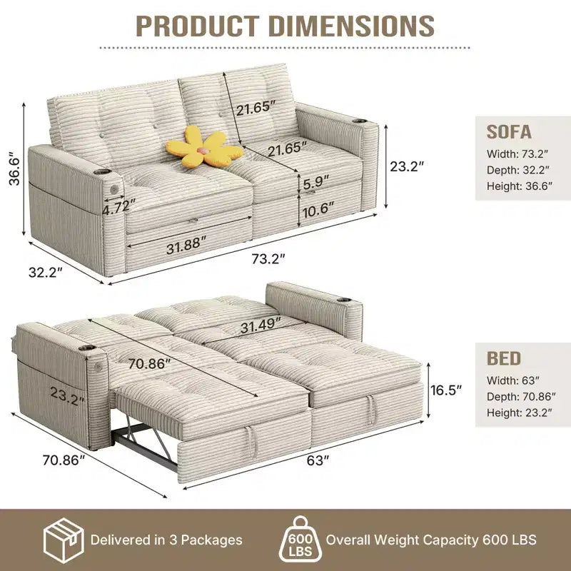 MooxvMoo Canapé-lit 2 places avec lit gigogne, poches et USB, style moderne, pour salon, beige, 73 Queen Size