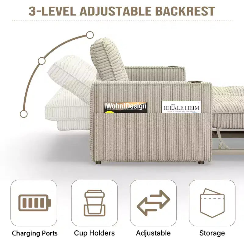 MooxvMoo Canapé-lit 2 places avec lit gigogne, poches et USB, style moderne, pour salon, beige, 73 Queen Size