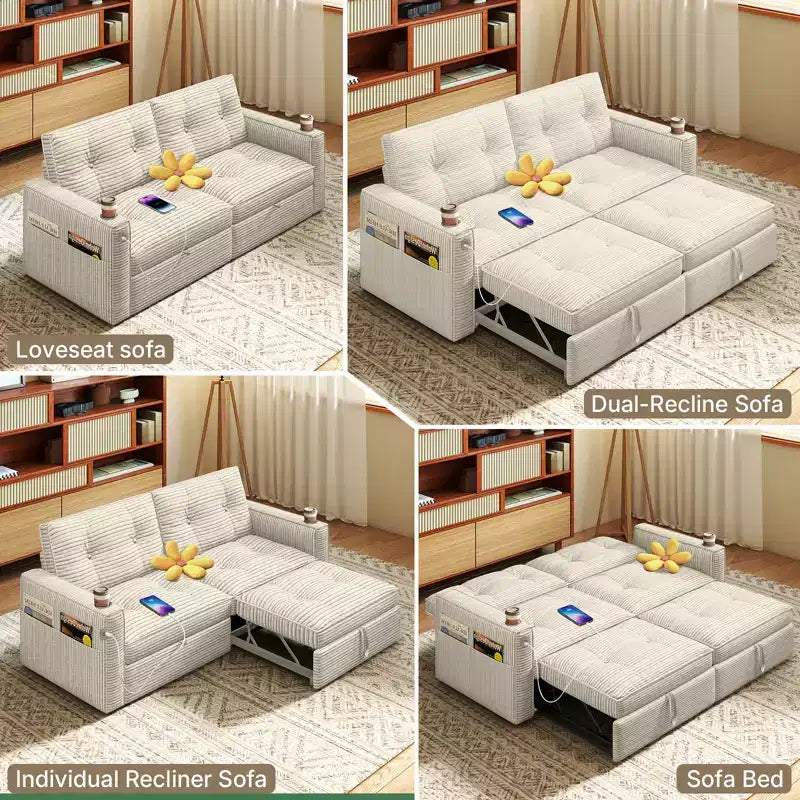 MooxvMoo Canapé-lit 2 places avec lit gigogne, poches et USB, style moderne, pour salon, beige, 73 Queen Size