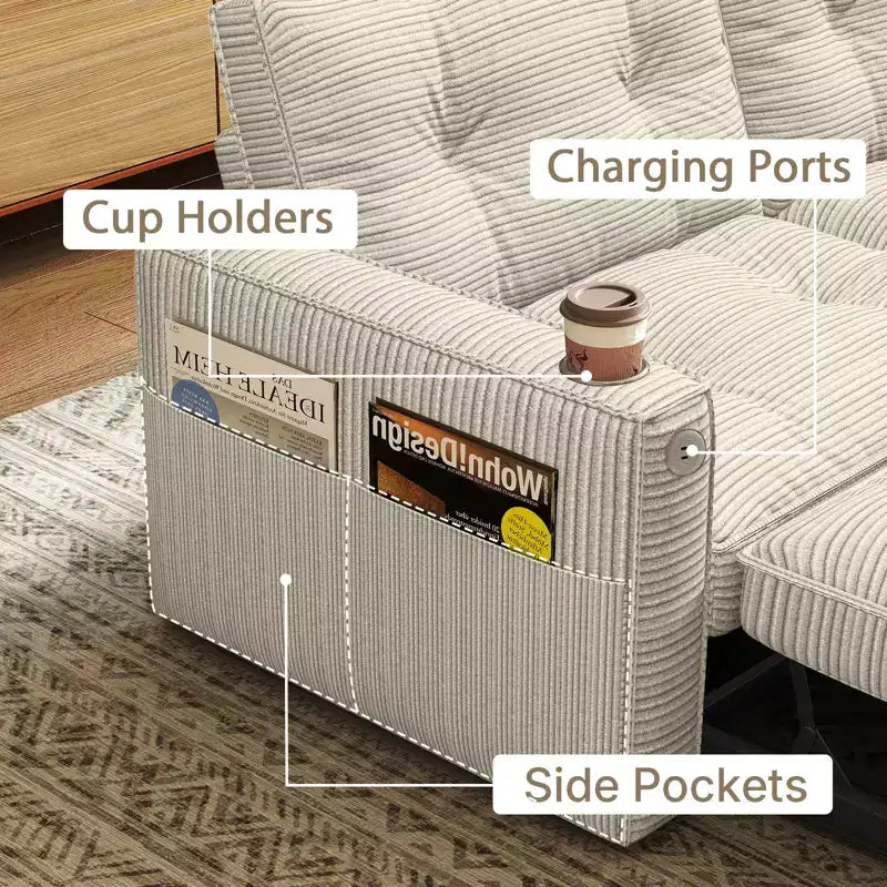 MooxvMoo Canapé-lit 2 places avec lit gigogne, poches et USB, style moderne, pour salon, beige, 73 Queen Size