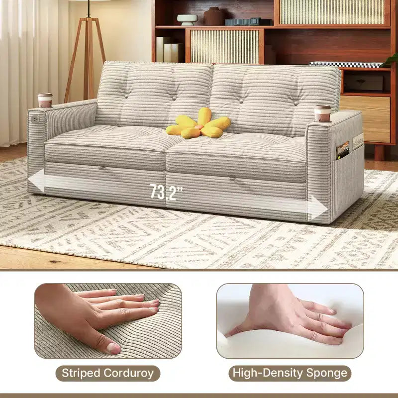 MooxvMoo Canapé-lit 2 places avec lit gigogne, poches et USB, style moderne, pour salon, beige, 73 Queen Size