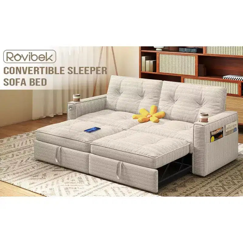 MooxvMoo Canapé-lit 2 places avec lit gigogne, poches et USB, style moderne, pour salon, beige, 73 Queen Size