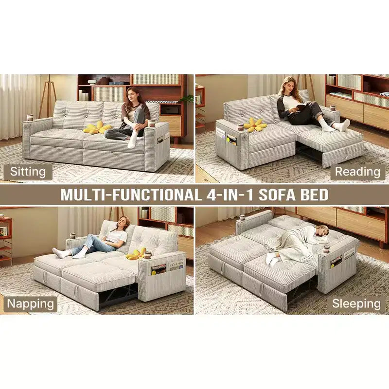 MooxvMoo Canapé-lit 2 places avec lit gigogne, poches et USB, style moderne, pour salon, beige, 73 Queen Size