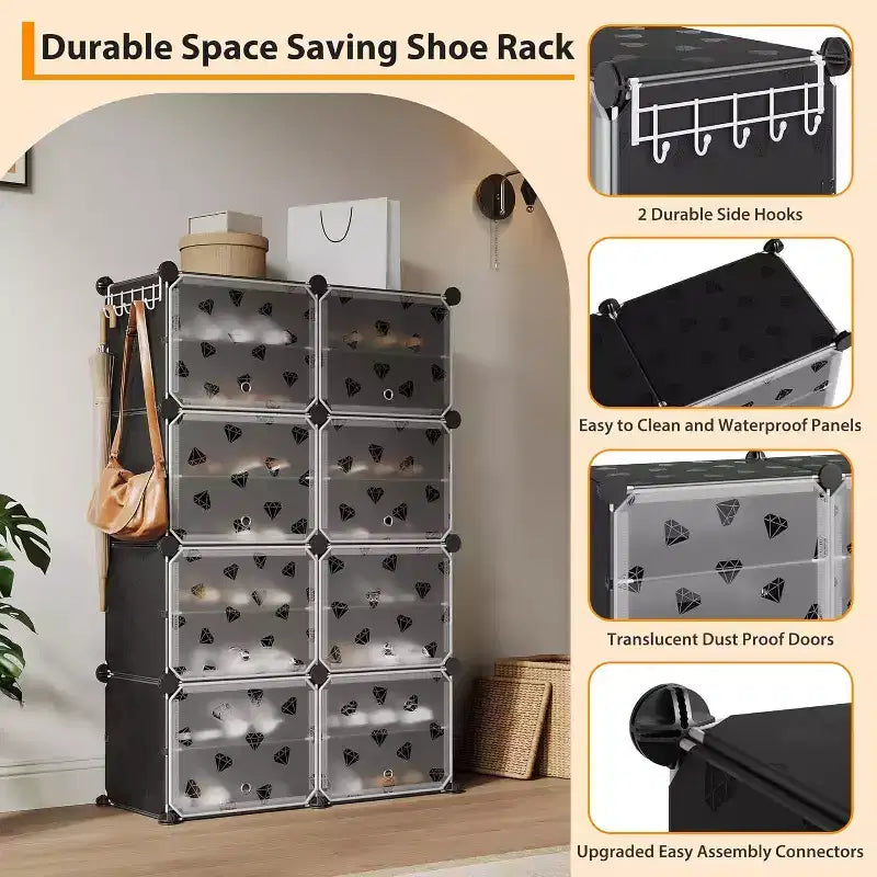 Étagère à chaussures amovible à 8 niveaux, organisateur extensible pour 32 paires avec porte pour entrée et chambre, noire