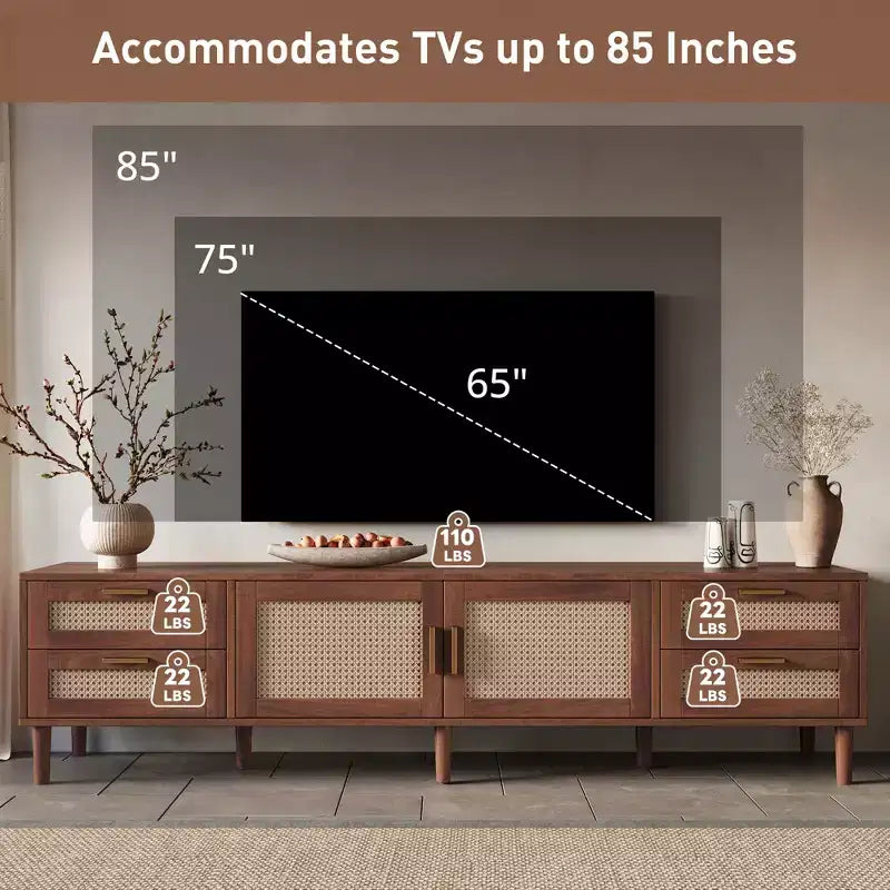Meuble TV GDFStudio Asaiah Boho 78 avec design en rotin, console média avec 4 tiroirs