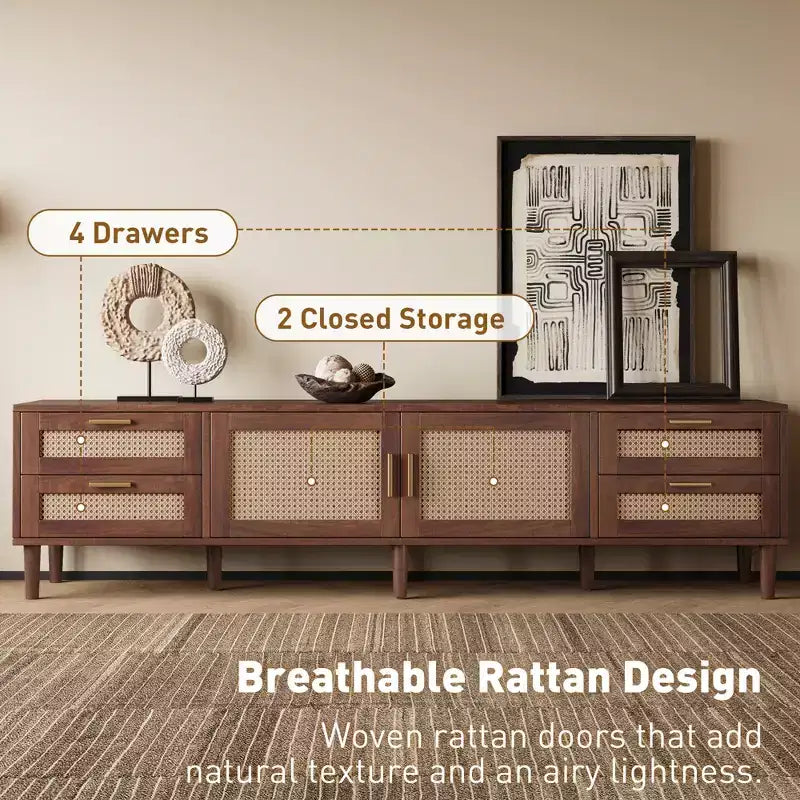 Meuble TV GDFStudio Asaiah Boho 78 avec design en rotin, console média avec 4 tiroirs
