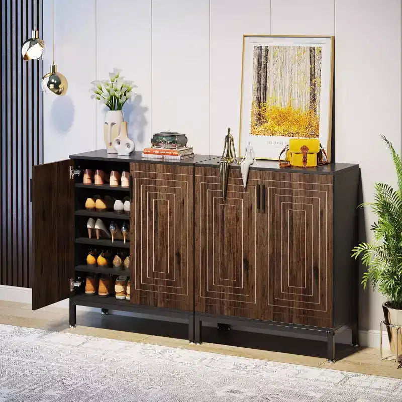 Meuble à chaussures 5 niveaux Lantine avec portes pour 20 paires, organiseur de rangement autoportant pour entrée, placard, salon, chambre, marron/noir