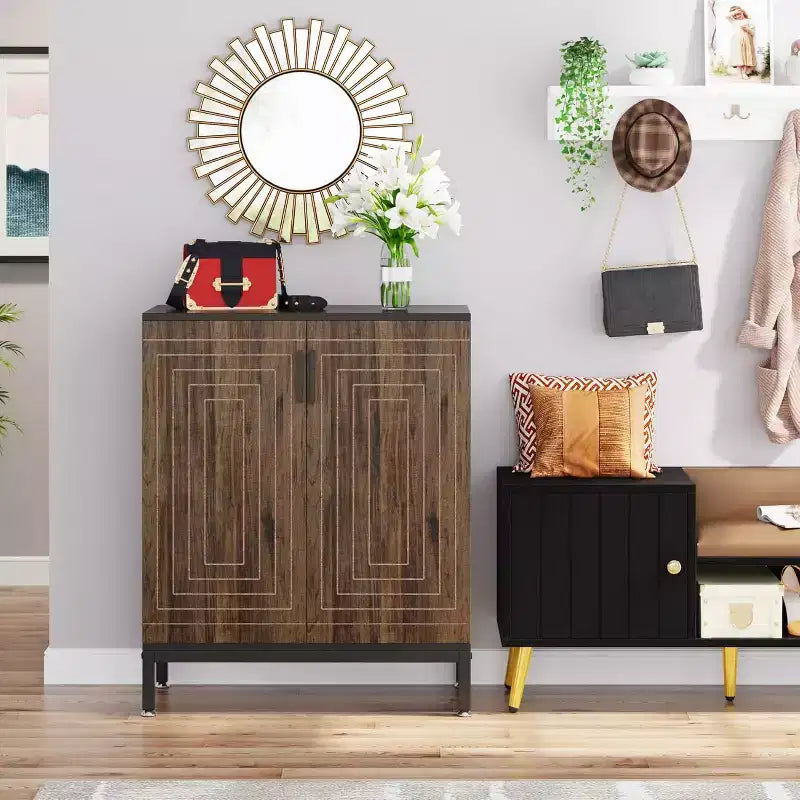 Meuble à chaussures 5 niveaux Lantine avec portes pour 20 paires, organiseur de rangement autoportant pour entrée, placard, salon, chambre, marron/noir