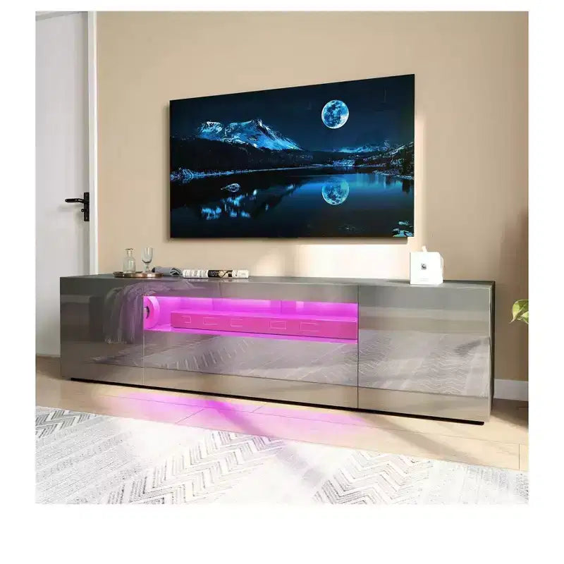 Meuble TV pour Téléviseur de 75 Pouces, Meuble TV LED Moderne pour Salon, Meuble de Divertissement avec Rangement, Console Média Laquée Brillante