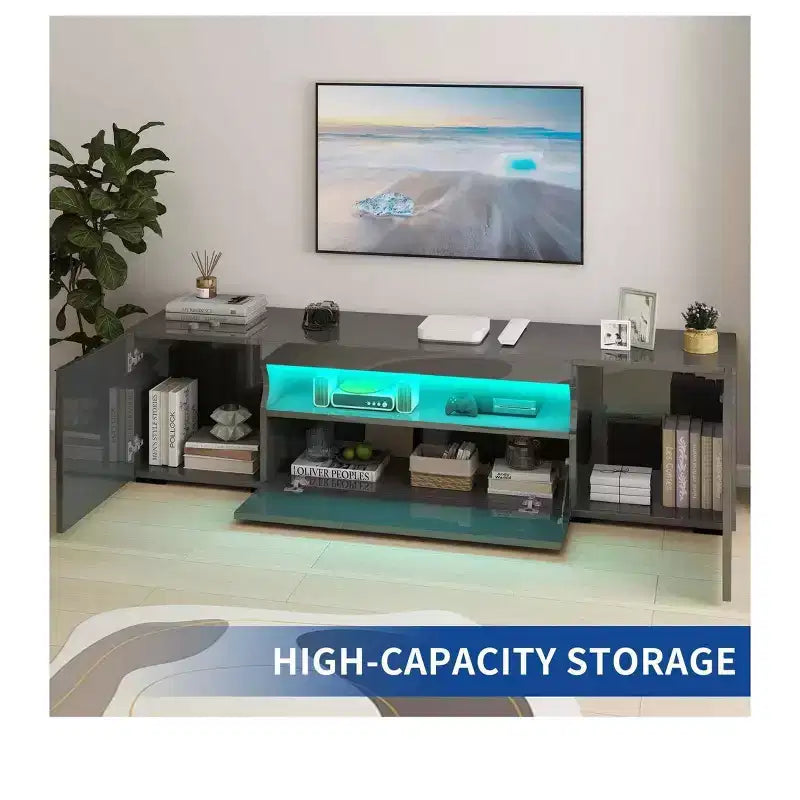 Meuble TV pour Téléviseur de 75 Pouces, Meuble TV LED Moderne pour Salon, Meuble de Divertissement avec Rangement, Console Média Laquée Brillante