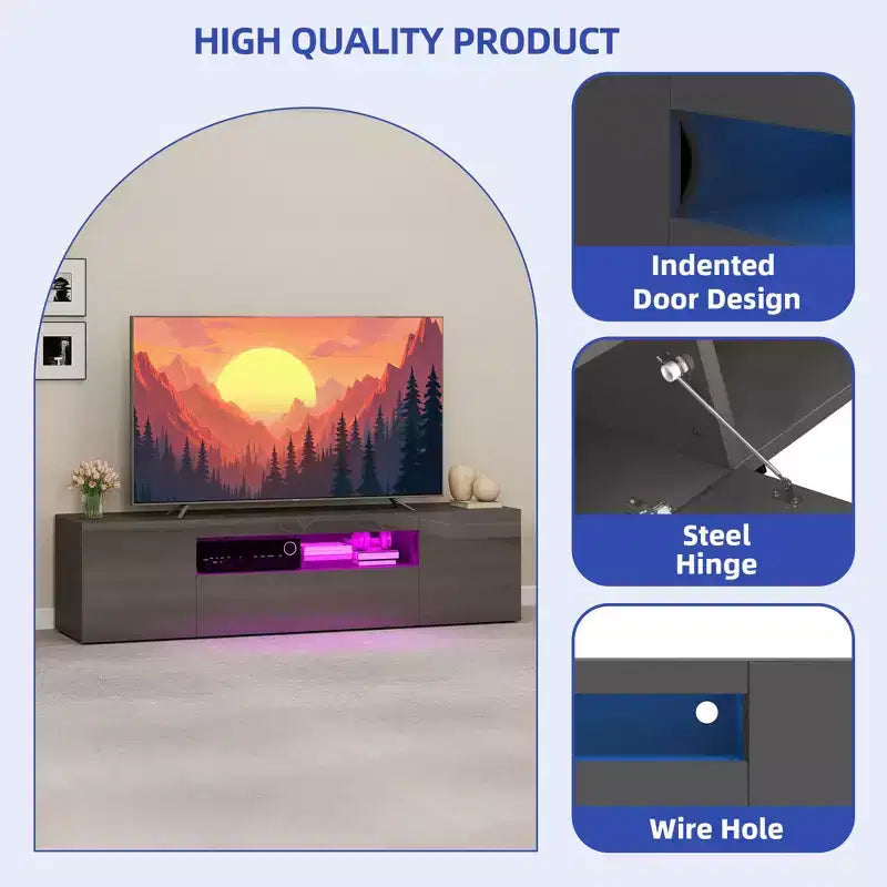 Meuble TV pour Téléviseur de 75 Pouces, Meuble TV LED Moderne pour Salon, Meuble de Divertissement avec Rangement, Console Média Laquée Brillante