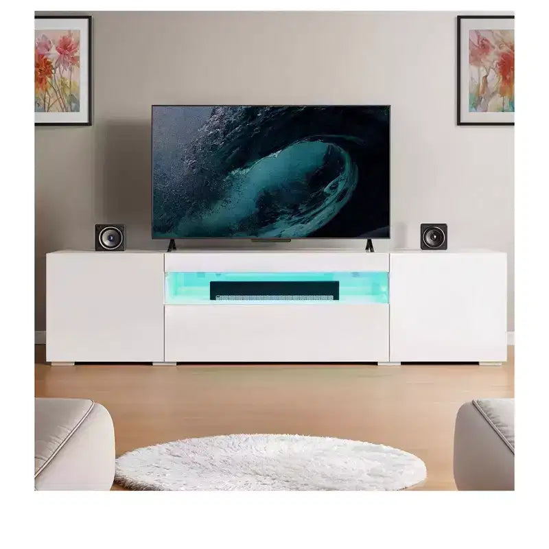 Meuble TV pour Téléviseur de 75 Pouces, Meuble TV LED Moderne pour Salon, Meuble de Divertissement avec Rangement, Console Média Laquée Brillante