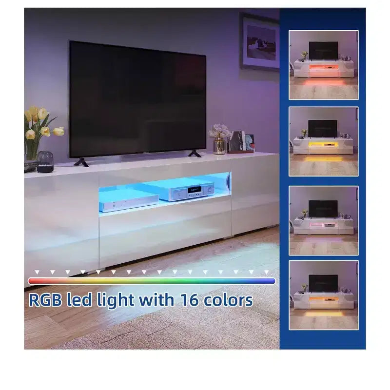 Meuble TV pour Téléviseur de 75 Pouces, Meuble TV LED Moderne pour Salon, Meuble de Divertissement avec Rangement, Console Média Laquée Brillante