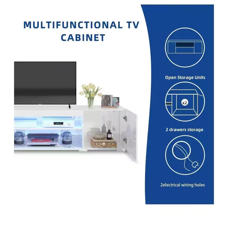 Meuble TV pour Téléviseur de 75 Pouces, Meuble TV LED Moderne pour Salon, Meuble de Divertissement avec Rangement, Console Média Laquée Brillante
