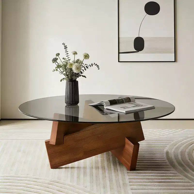 GDFStudio Norwood Modern Round Coffee Table with Tempered Glass Top and Walnut Wood Base