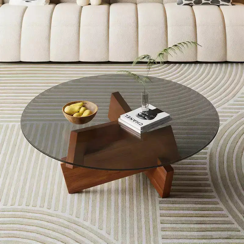 Table Basse Ronde Moderne Norwood de GDFStudio avec Plateau en Verre Trempé et Base en Bois de Noyer