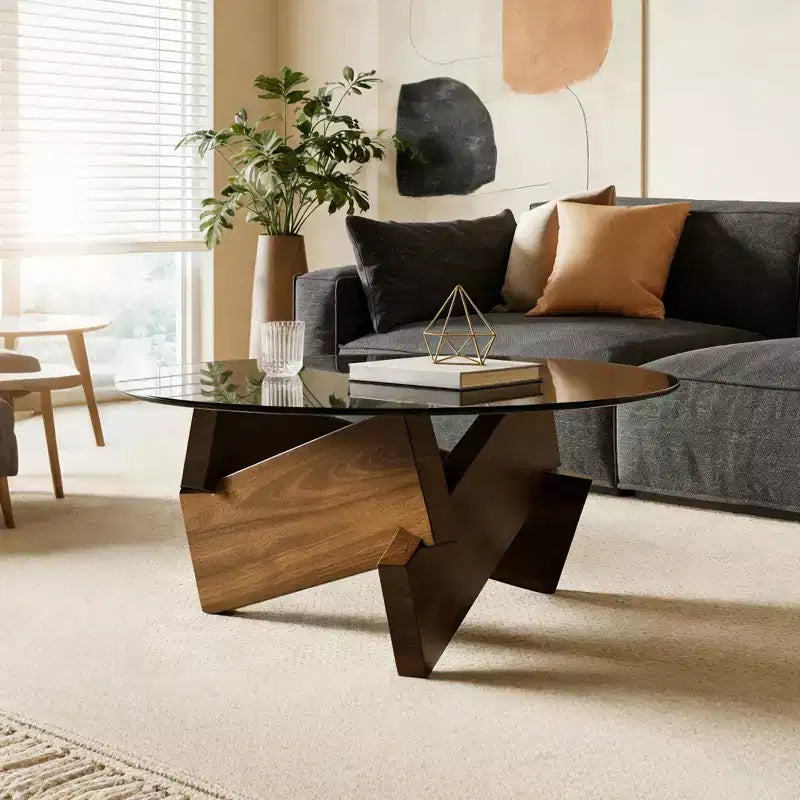 Table Basse Ronde Moderne Norwood de GDFStudio avec Plateau en Verre Trempé et Base en Bois de Noyer