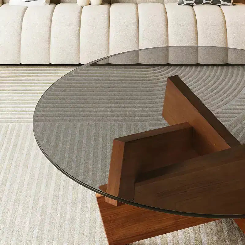 Table Basse Ronde Moderne Norwood de GDFStudio avec Plateau en Verre Trempé et Base en Bois de Noyer