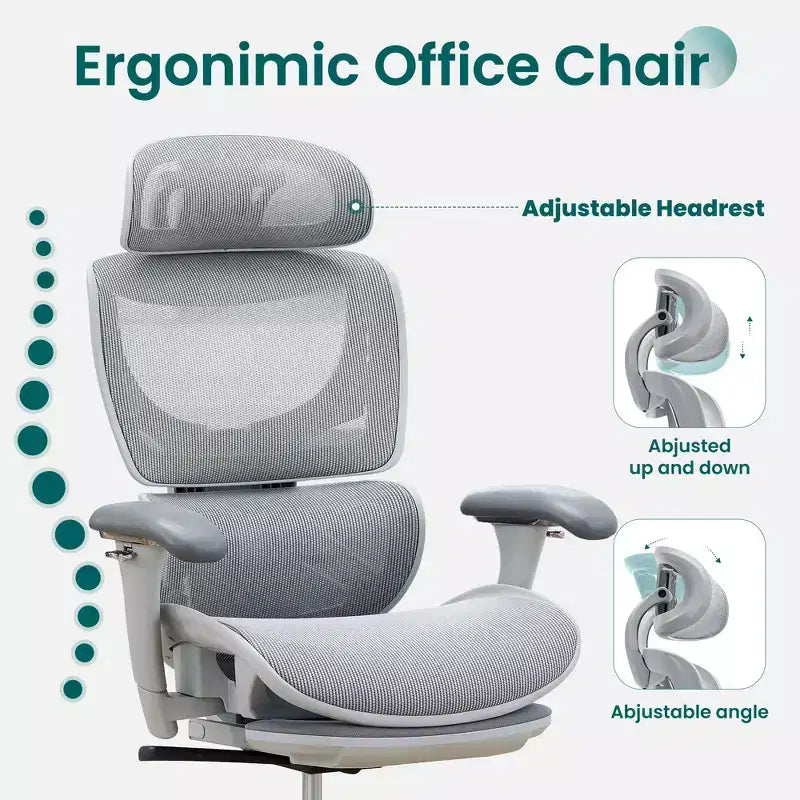 Chaise de bureau ergonomique en maille Ora Maison avec repose-pieds, soutien lombaire et accoudoirs 3D