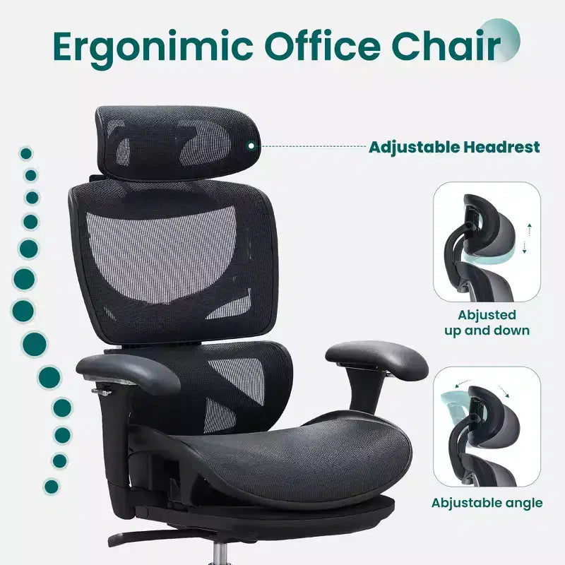 Chaise de bureau ergonomique en maille Ora Maison avec repose-pieds, soutien lombaire et accoudoirs 3D