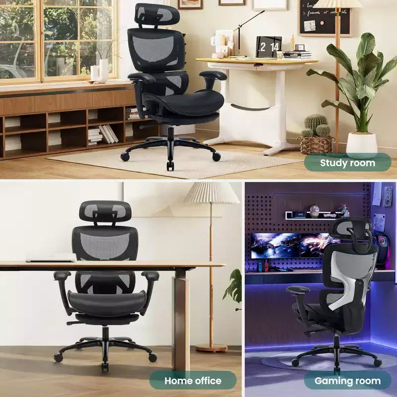 Chaise de bureau ergonomique en maille Ora Maison avec repose-pieds, soutien lombaire et accoudoirs 3D