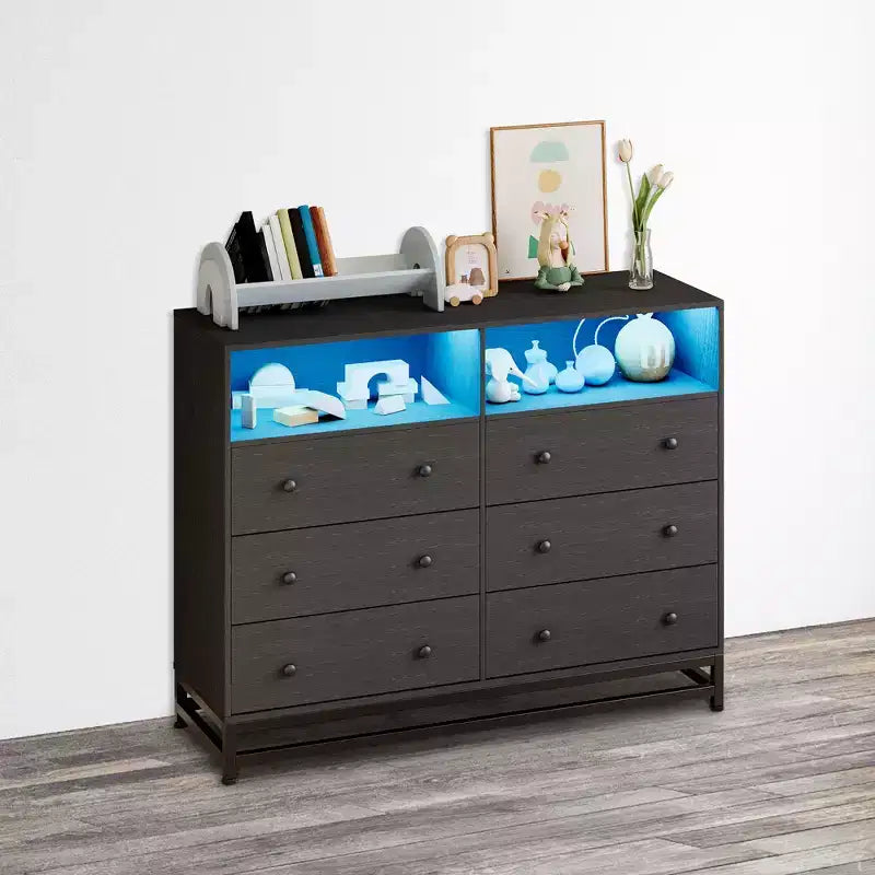 6-Drawer Dresser with Charging Station & LED Lights  Long Wood TV Stand Chest for Bedroom, Living Room or Entryway