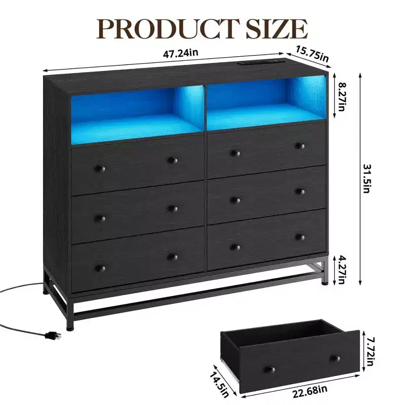 Commode 6 tiroirs avec station de charge et lumières LED Meuble TV long en bois pour chambre, salon ou entrée
