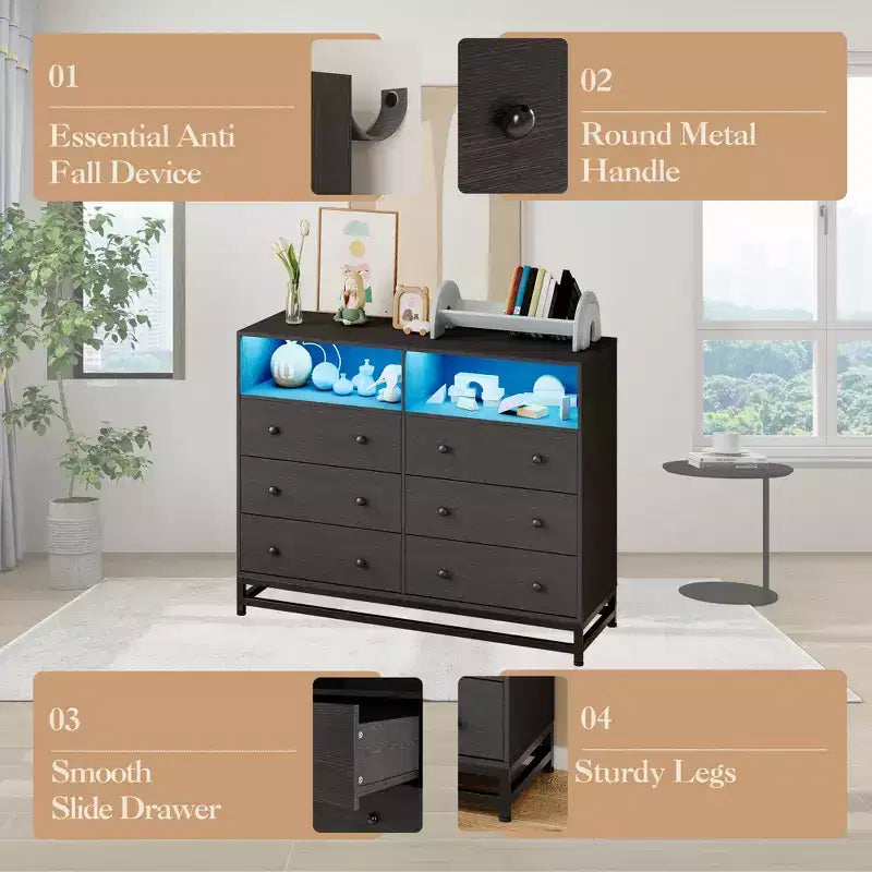 Commode 6 tiroirs avec station de charge et lumières LED Meuble TV long en bois pour chambre, salon ou entrée