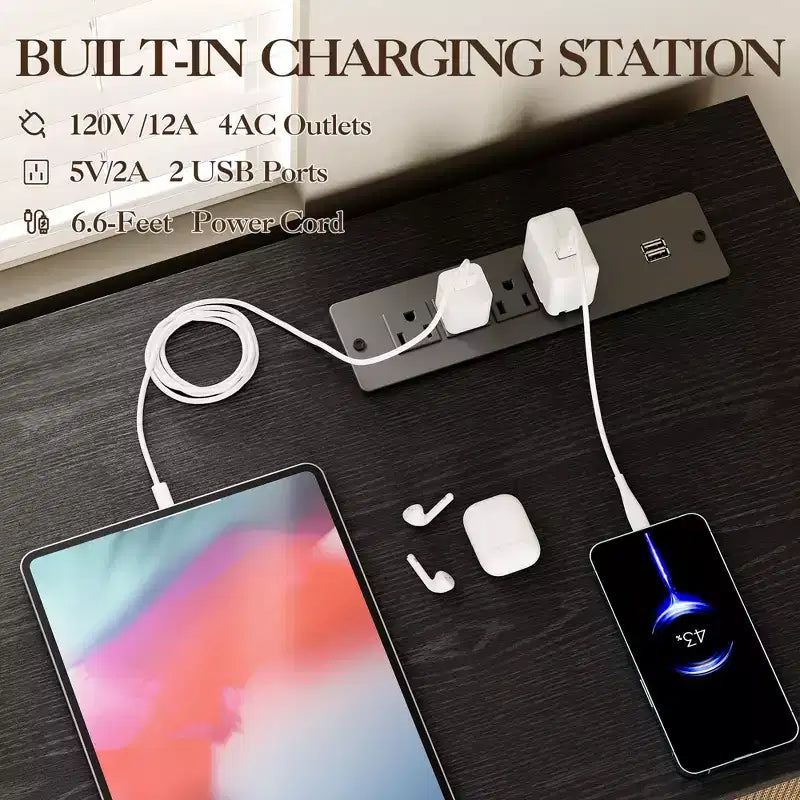 Commode 6 tiroirs avec station de charge et lumières LED Meuble TV long en bois pour chambre, salon ou entrée