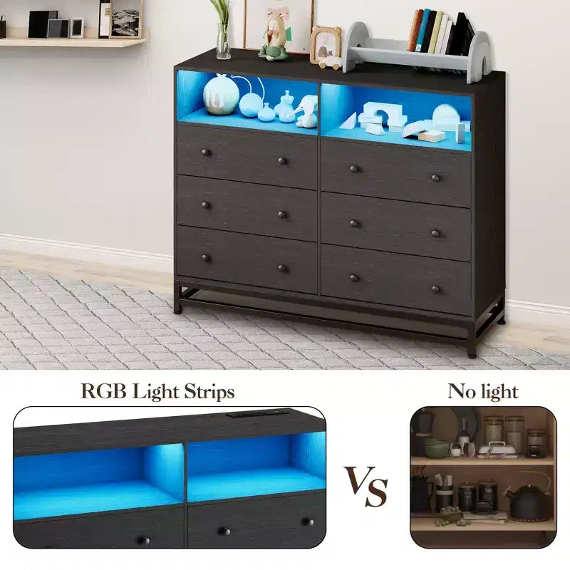 Commode 6 tiroirs avec station de charge et lumières LED Meuble TV long en bois pour chambre, salon ou entrée