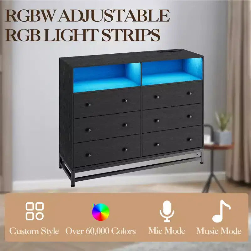 Commode 6 tiroirs avec station de charge et lumières LED Meuble TV long en bois pour chambre, salon ou entrée