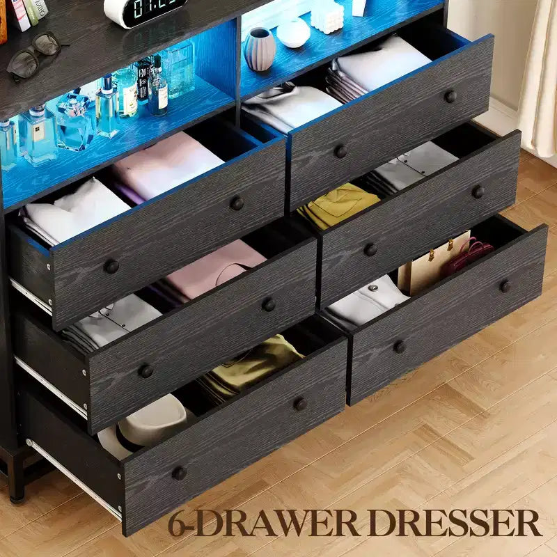 Commode 6 tiroirs avec station de charge et lumières LED Meuble TV long en bois pour chambre, salon ou entrée