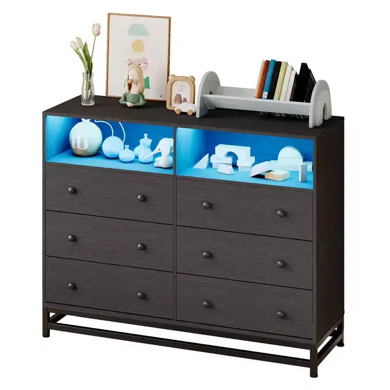 Commode 6 tiroirs avec station de charge et lumières LED Meuble TV long en bois pour chambre, salon ou entrée