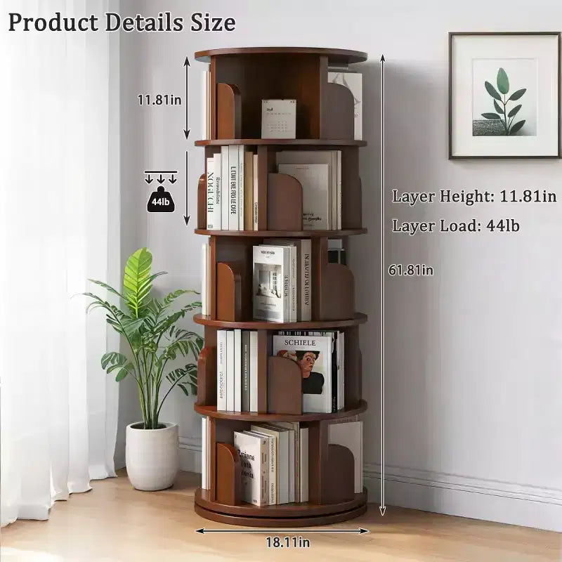 Étagère à Livres Moderne Rotative à 360°, Bibliothèque d'Angle Naturelle à 5 Niveaux sur Pied pour Petits Espaces, Étagère de Présentation Ronde pour Salon-Panipeachy