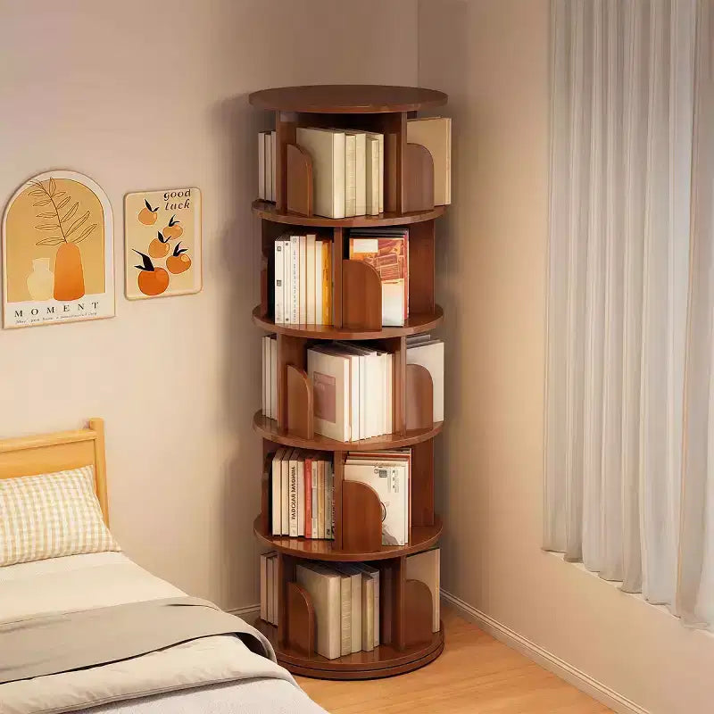 Étagère à Livres Moderne Rotative à 360°, Bibliothèque d'Angle Naturelle à 5 Niveaux sur Pied pour Petits Espaces, Étagère de Présentation Ronde pour Salon-Panipeachy