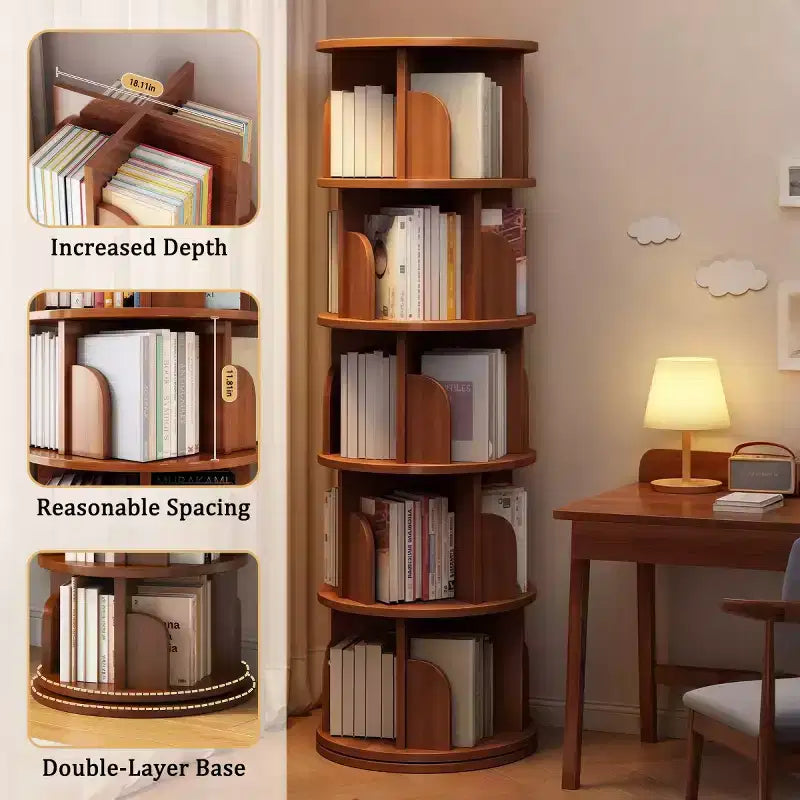 Étagère à Livres Moderne Rotative à 360°, Bibliothèque d'Angle Naturelle à 5 Niveaux sur Pied pour Petits Espaces, Étagère de Présentation Ronde pour Salon-Panipeachy