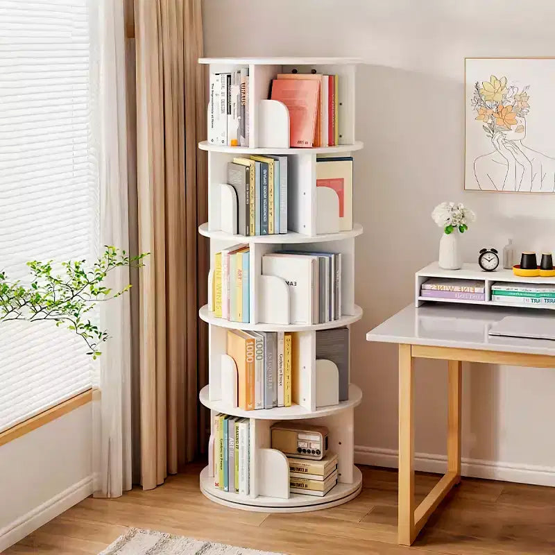Étagère à Livres Moderne Rotative à 360°, Bibliothèque d'Angle Naturelle à 5 Niveaux sur Pied pour Petits Espaces, Étagère de Présentation Ronde pour Salon-Panipeachy