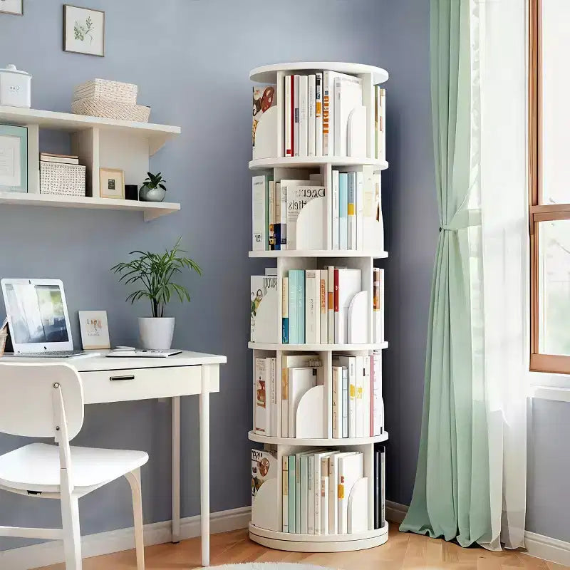 Étagère à Livres Moderne Rotative à 360°, Bibliothèque d'Angle Naturelle à 5 Niveaux sur Pied pour Petits Espaces, Étagère de Présentation Ronde pour Salon-Panipeachy
