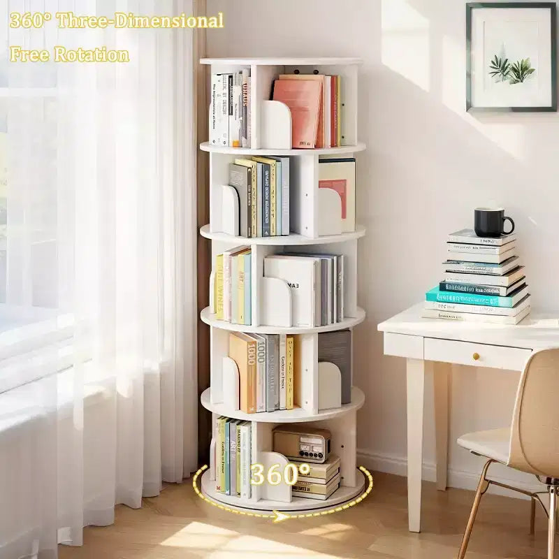 Étagère à Livres Moderne Rotative à 360°, Bibliothèque d'Angle Naturelle à 5 Niveaux sur Pied pour Petits Espaces, Étagère de Présentation Ronde pour Salon-Panipeachy