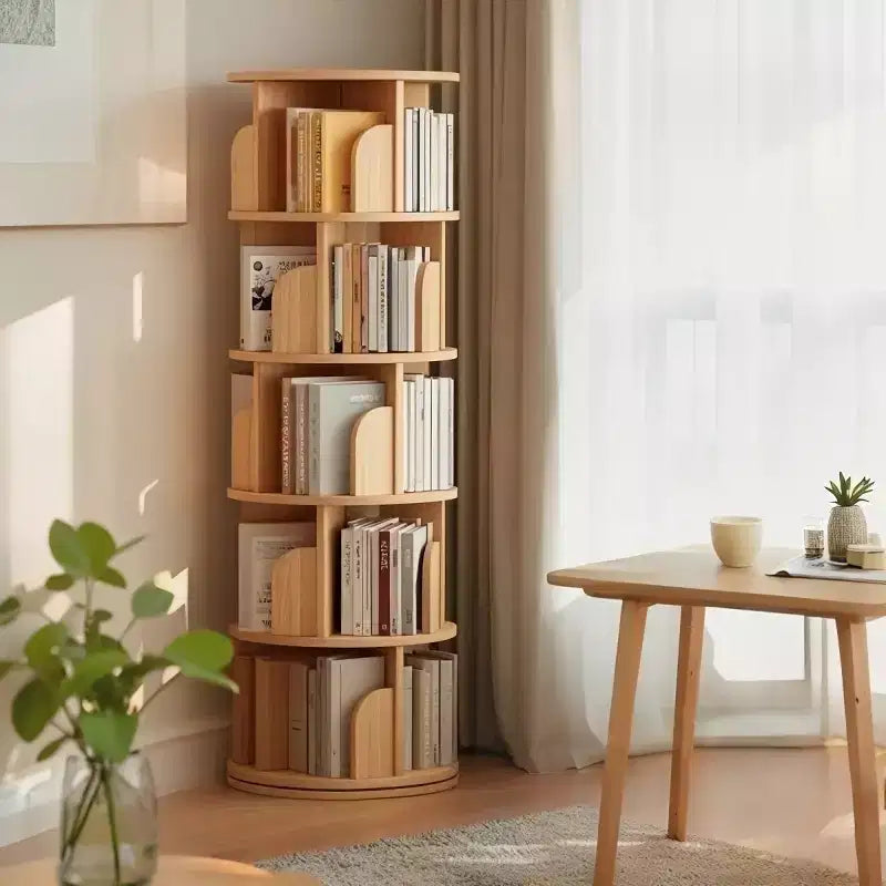Étagère à Livres Moderne Rotative à 360°, Bibliothèque d'Angle Naturelle à 5 Niveaux sur Pied pour Petits Espaces, Étagère de Présentation Ronde pour Salon-Panipeachy