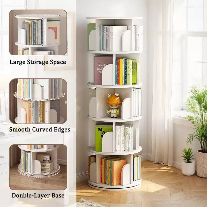 Étagère à Livres Moderne Rotative à 360°, Bibliothèque d'Angle Naturelle à 5 Niveaux sur Pied pour Petits Espaces, Étagère de Présentation Ronde pour Salon-Panipeachy