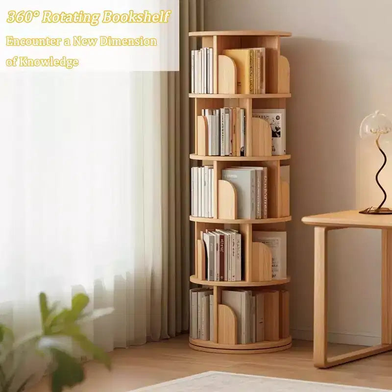 Étagère à Livres Moderne Rotative à 360°, Bibliothèque d'Angle Naturelle à 5 Niveaux sur Pied pour Petits Espaces, Étagère de Présentation Ronde pour Salon-Panipeachy