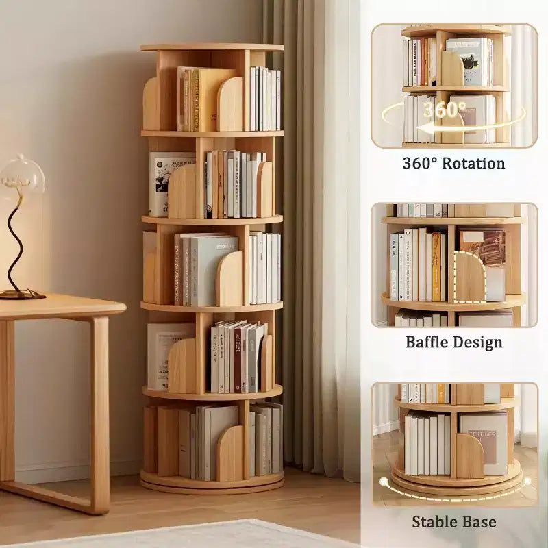 Étagère à Livres Moderne Rotative à 360°, Bibliothèque d'Angle Naturelle à 5 Niveaux sur Pied pour Petits Espaces, Étagère de Présentation Ronde pour Salon-Panipeachy