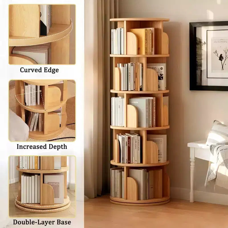 Étagère à Livres Moderne Rotative à 360°, Bibliothèque d'Angle Naturelle à 5 Niveaux sur Pied pour Petits Espaces, Étagère de Présentation Ronde pour Salon-Panipeachy