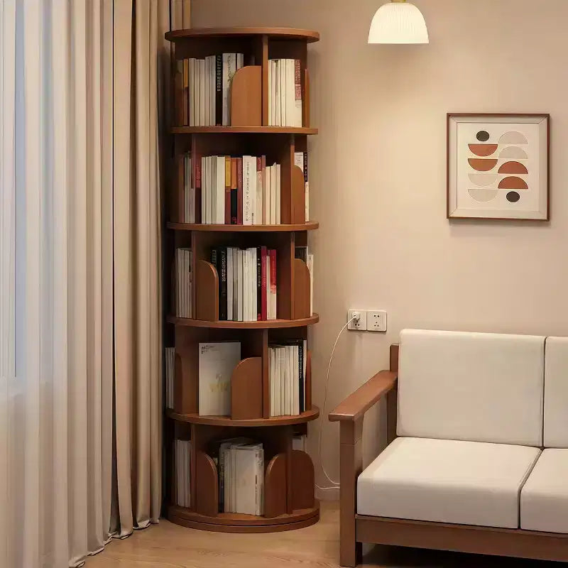 Étagère à Livres Moderne Rotative à 360°, Bibliothèque d'Angle Naturelle à 5 Niveaux sur Pied pour Petits Espaces, Étagère de Présentation Ronde pour Salon-Panipeachy